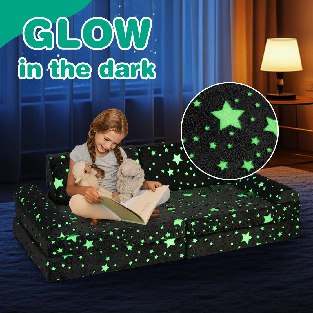 Modular Kids Play Couch, 8 PCS Fluorescent Toddler Creative Sectional Fort Building Sofa for Playroom
