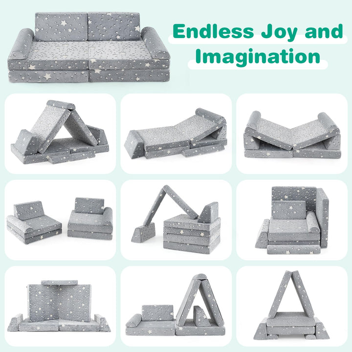 Modular Kids Play Couch, 8 PCS Fluorescent Toddler Creative Sectional Fort Building Sofa for Playroom