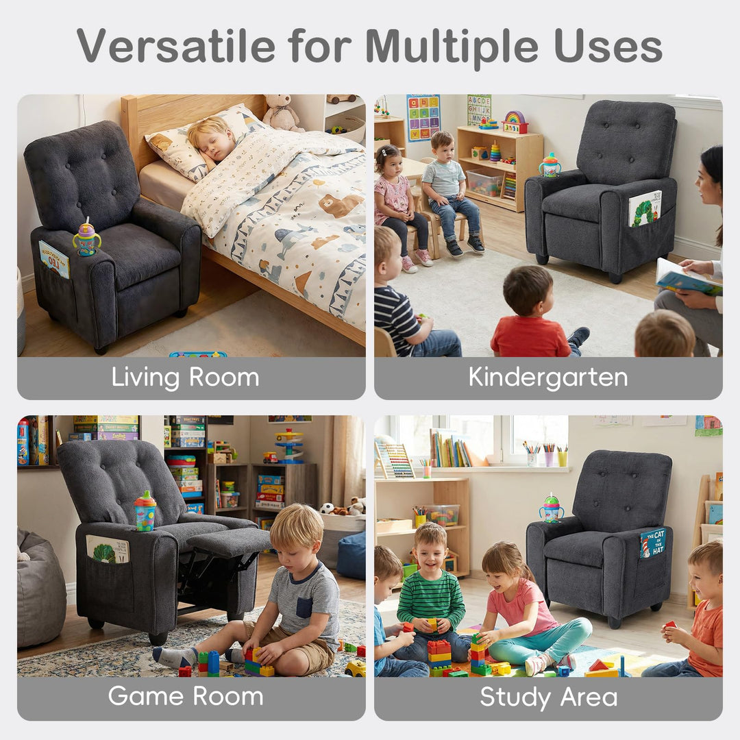 Kids Recliner, Toddler Lounge Chair with Adjustable Backrest Footrest Cup Holder Side Pockets