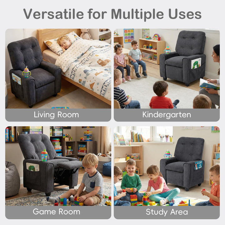 Kids Recliner, Toddler Lounge Chair with Adjustable Backrest Footrest Cup Holder Side Pockets