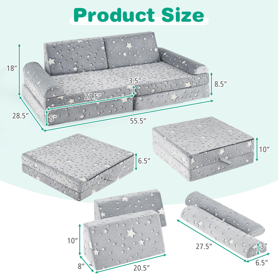 Modular Kids Play Couch, 8 PCS Fluorescent Toddler Creative Sectional Fort Building Sofa for Playroom