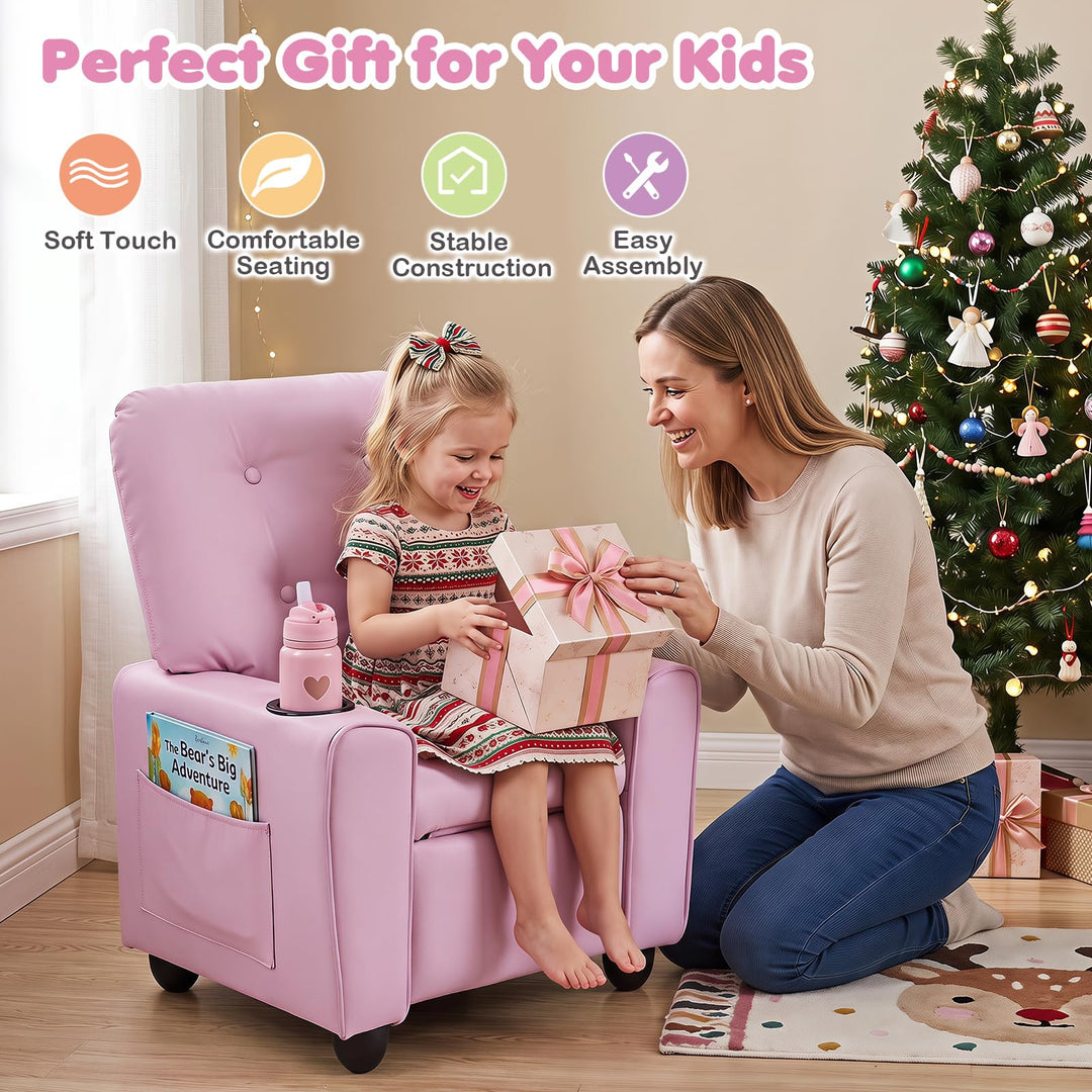 Push Back Kids Recliner Chair, PU Leather Toddler Reclining Armchair with Adjustable Footrest and Cup Holder
