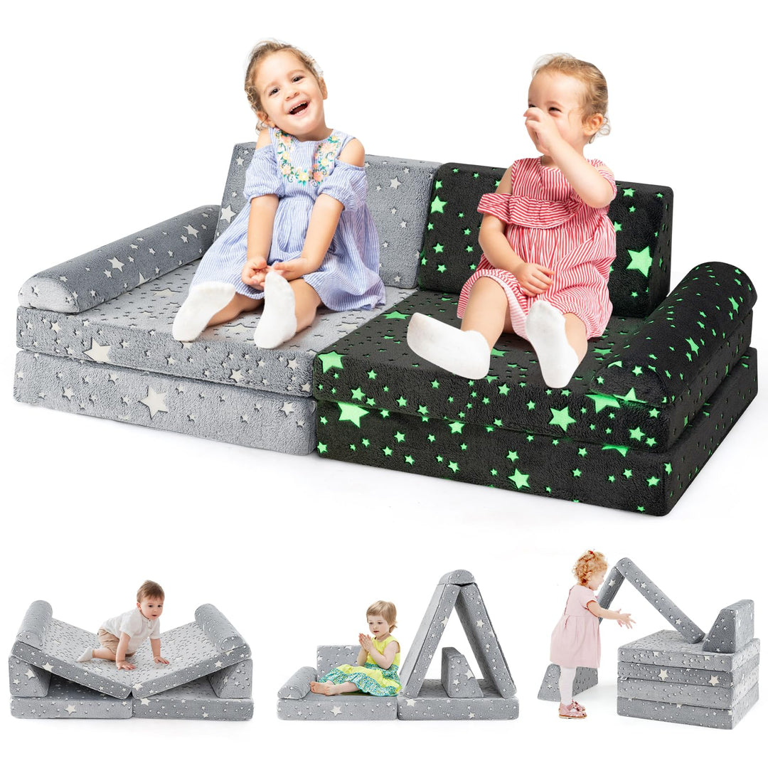 Modular Kids Play Couch, 8 PCS Fluorescent Toddler Creative Sectional Fort Building Sofa for Playroom