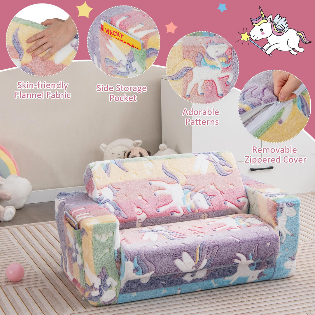 2-in-1 Flip-Out Kids Sofa Chair, Convertible Toddler Couch to Lounger with Removable Flannel Cover &amp; Glowing Designs