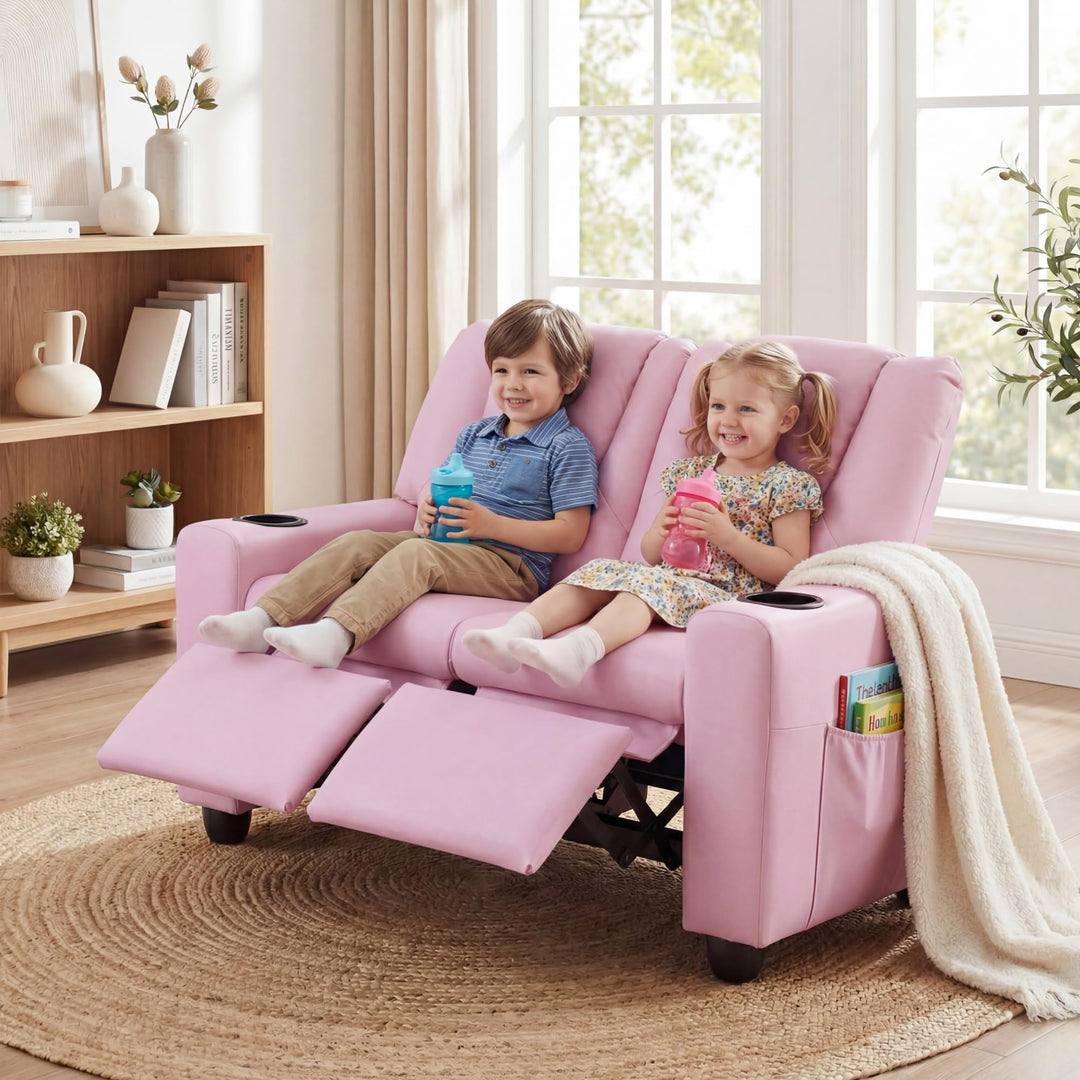 2-Seater Kids Recliner, Double Toddler Loveseat Sofa w/2 Cup Holders