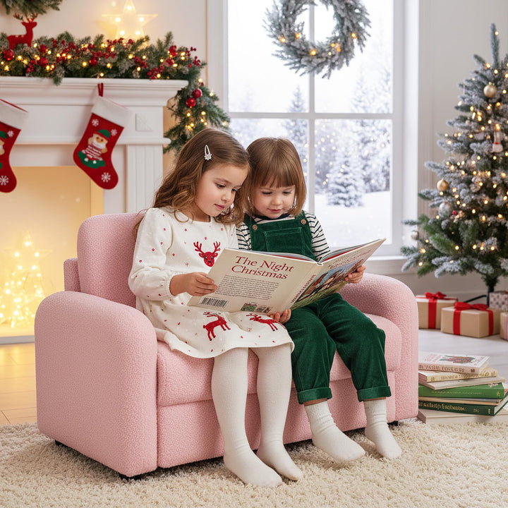 Kids Sofa, 2 Seat Soft Thick Upholstered Couch with Plush Fabric Solid Wooden Frame