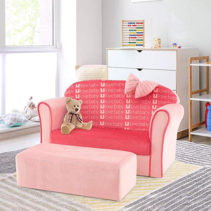 Toddler Sofa Chair with Ottoman, Soft Velvet Kids Couch with Curved Armrests