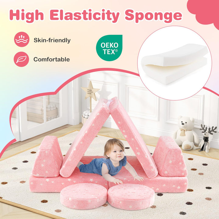 Glow in the Dark Kids Play Couch, Convertible Toddlers Modular Sofa Set with Soft Flannel Covers for Boys Girls