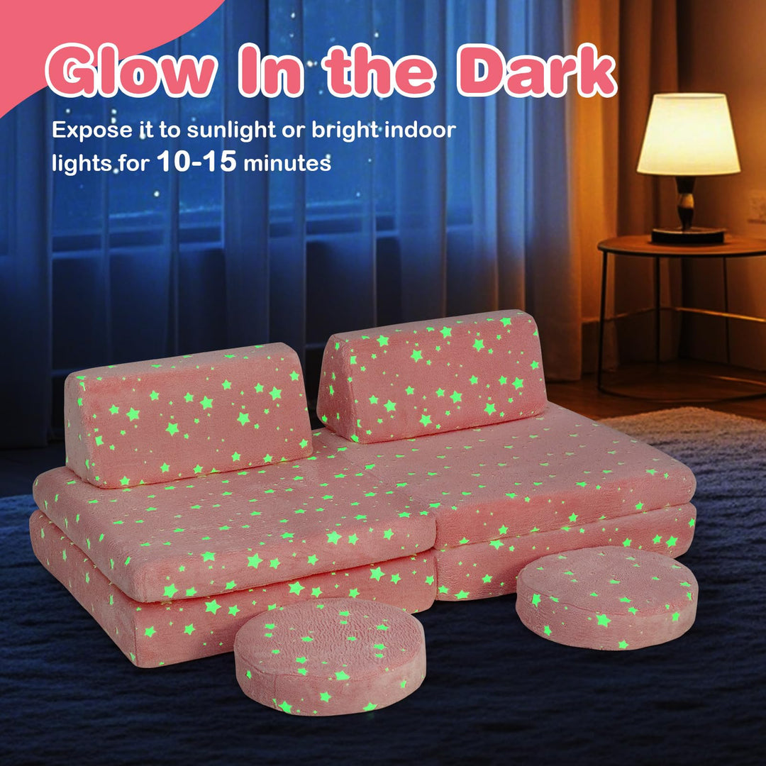 Glow in the Dark Kids Play Couch, Convertible Toddlers Modular Sofa Set with Soft Flannel Covers for Boys Girls