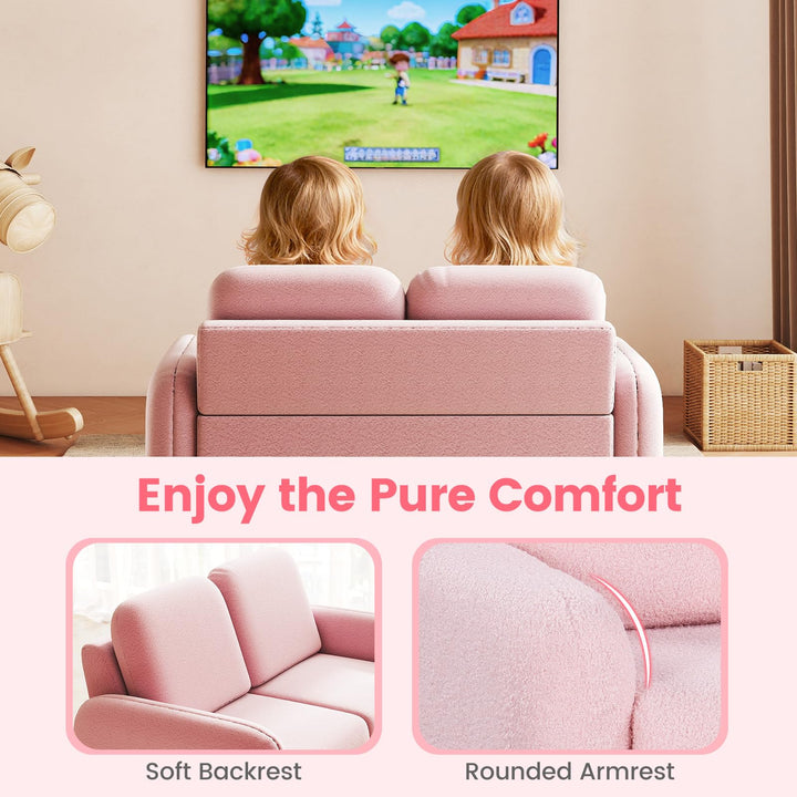 Kids Sofa, 2 Seat Soft Thick Upholstered Couch with Plush Fabric Solid Wooden Frame
