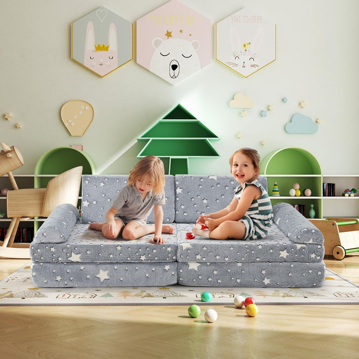 8 Pcs Modular Kids Play Couch, Glow in the Dark Toddler Sectional Sofa with Handles