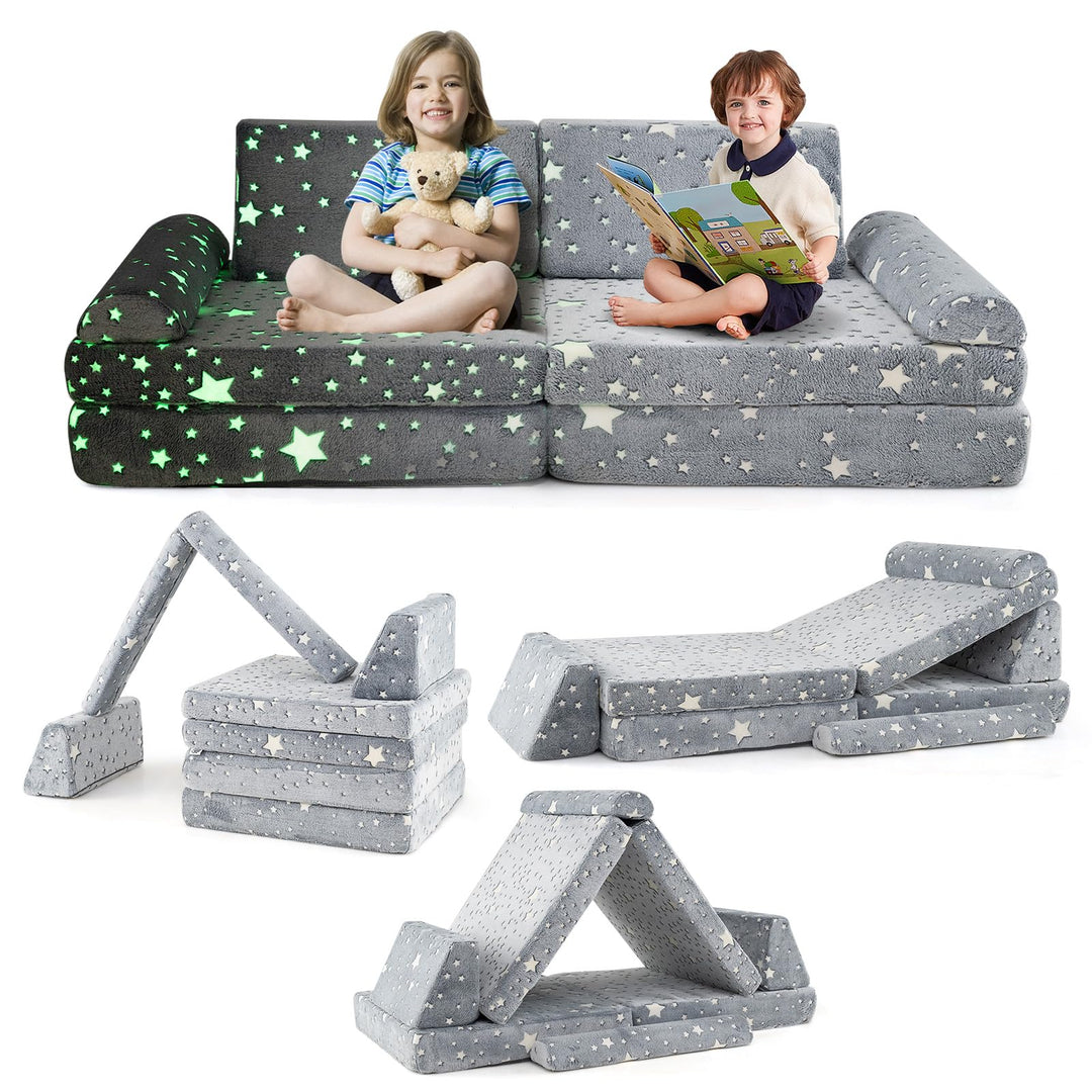 8 Pcs Modular Kids Play Couch, Glow in the Dark Toddler Sectional Sofa with Handles