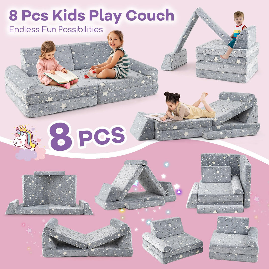 8 Pcs Modular Kids Play Couch, Glow in the Dark Toddler Sectional Sofa with Handles