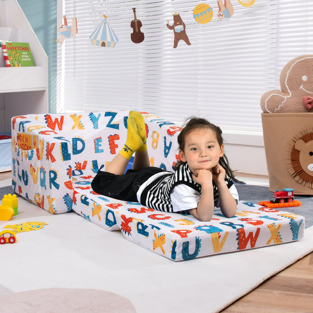 Fold out Toddler Sofa, Convertible Children Couch to Lounger with Soft Velvet and Sponge
