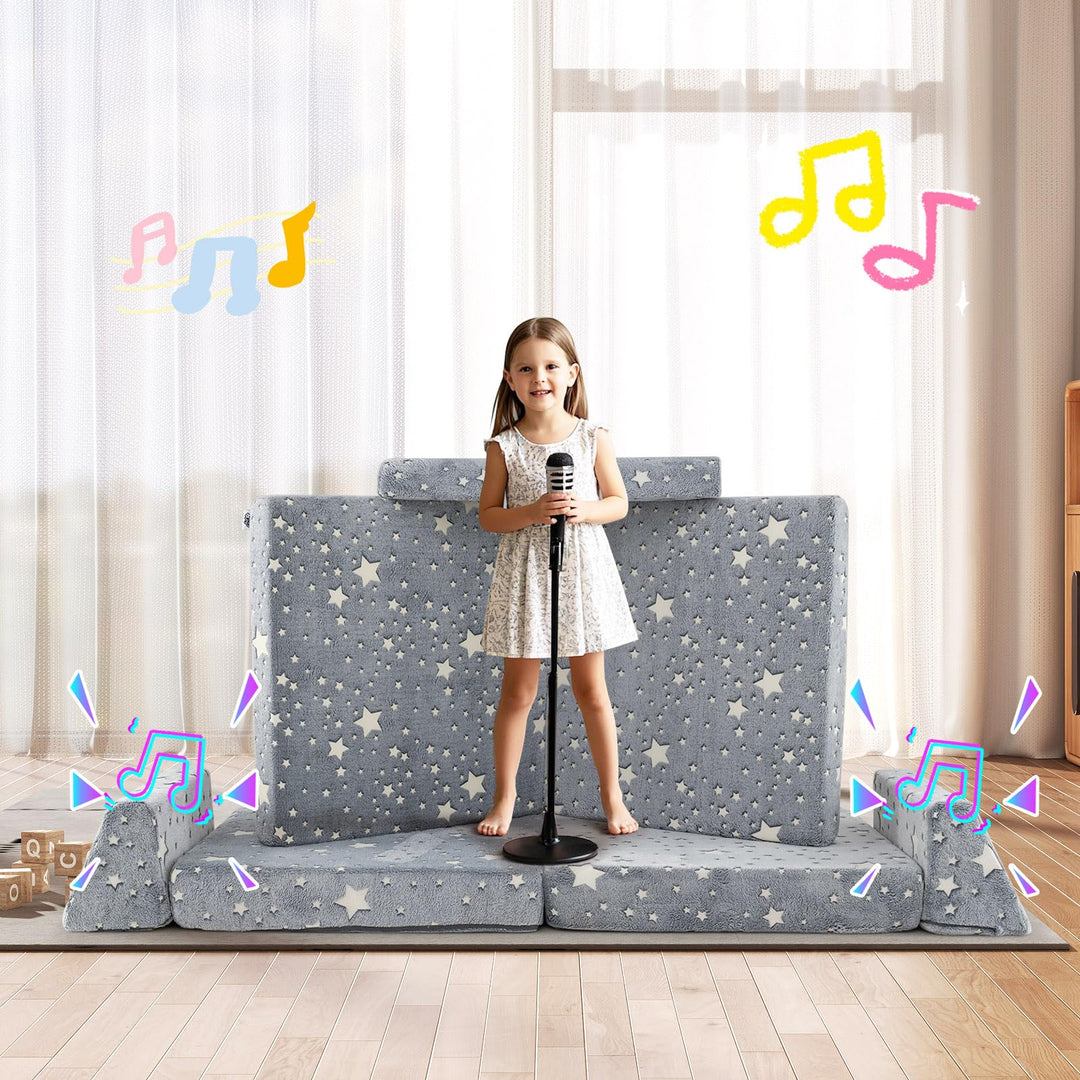 8 Pcs Modular Kids Play Couch, Glow in the Dark Toddler Sectional Sofa with Handles