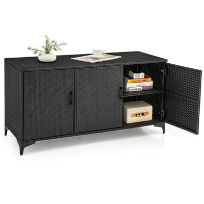 84 Gallon Patio Wicker Deck Box 3-Door PE Rattan Storage Cabinet Container with Removable Shelves and Protective Foot Pads