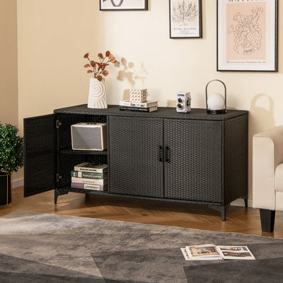 84 Gallon Patio Wicker Deck Box 3-Door PE Rattan Storage Cabinet Container with Removable Shelves and Protective Foot Pads