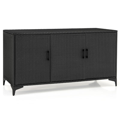 84 Gallon Patio Wicker Deck Box 3-Door PE Rattan Storage Cabinet Container with Removable Shelves and Protective Foot Pads