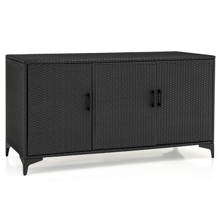 84 Gallon Patio Wicker Deck Box 3-Door PE Rattan Storage Cabinet Container with Removable Shelves and Protective Foot Pads