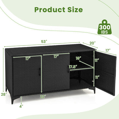 84 Gallon Patio Wicker Deck Box 3-Door PE Rattan Storage Cabinet Container with Removable Shelves and Protective Foot Pads