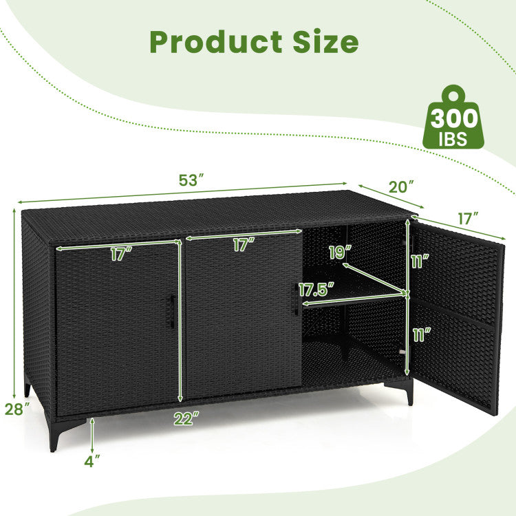 84 Gallon Patio Wicker Deck Box 3-Door PE Rattan Storage Cabinet Container with Removable Shelves and Protective Foot Pads