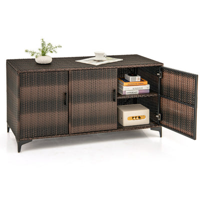 84 Gallon Patio Wicker Deck Box 3-Door PE Rattan Storage Cabinet Container with Removable Shelves and Protective Foot Pads