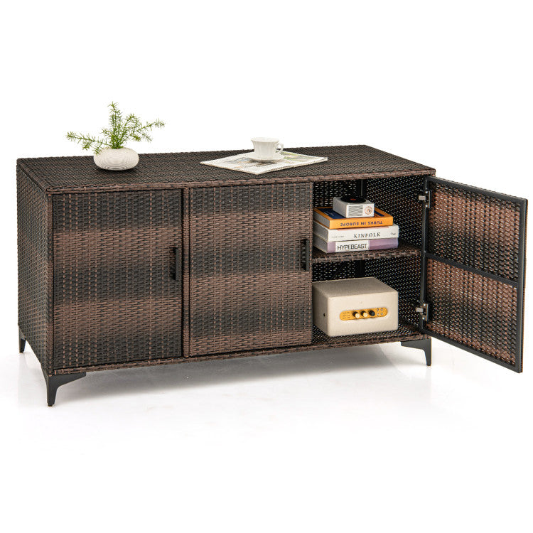 84 Gallon Patio Wicker Deck Box 3-Door PE Rattan Storage Cabinet Container with Removable Shelves and Protective Foot Pads