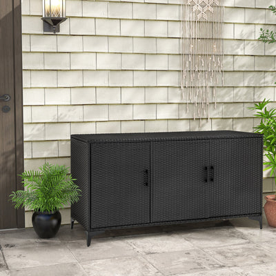 84 Gallon Patio Wicker Deck Box 3-Door PE Rattan Storage Cabinet Container with Removable Shelves and Protective Foot Pads