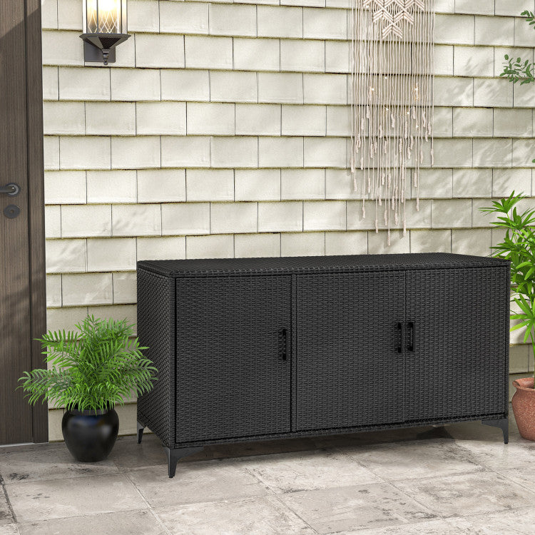 84 Gallon Patio Wicker Deck Box 3-Door PE Rattan Storage Cabinet Container with Removable Shelves and Protective Foot Pads
