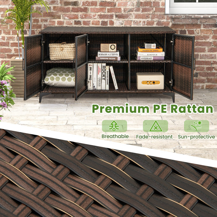 84 Gallon Patio Wicker Deck Box 3-Door PE Rattan Storage Cabinet Container with Removable Shelves and Protective Foot Pads