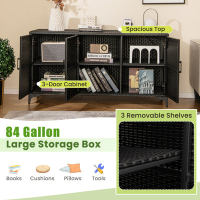 84 Gallon Patio Wicker Deck Box 3-Door PE Rattan Storage Cabinet Container with Removable Shelves and Protective Foot Pads