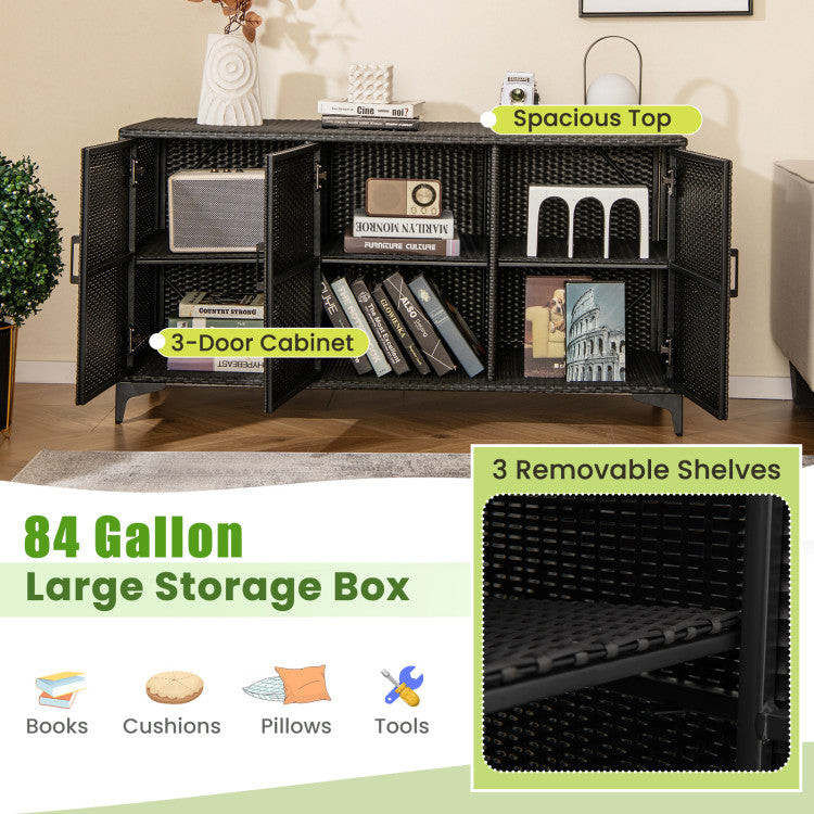 84 Gallon Patio Wicker Deck Box 3-Door PE Rattan Storage Cabinet Container with Removable Shelves and Protective Foot Pads