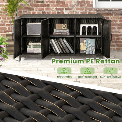 84 Gallon Patio Wicker Deck Box 3-Door PE Rattan Storage Cabinet Container with Removable Shelves and Protective Foot Pads