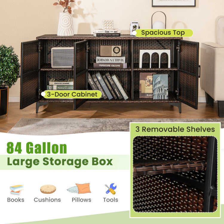 84 Gallon Patio Wicker Deck Box 3-Door PE Rattan Storage Cabinet Container with Removable Shelves and Protective Foot Pads
