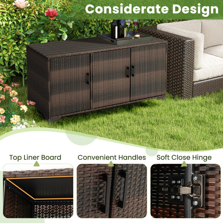 84 Gallon Patio Wicker Deck Box 3-Door PE Rattan Storage Cabinet Container with Removable Shelves and Protective Foot Pads