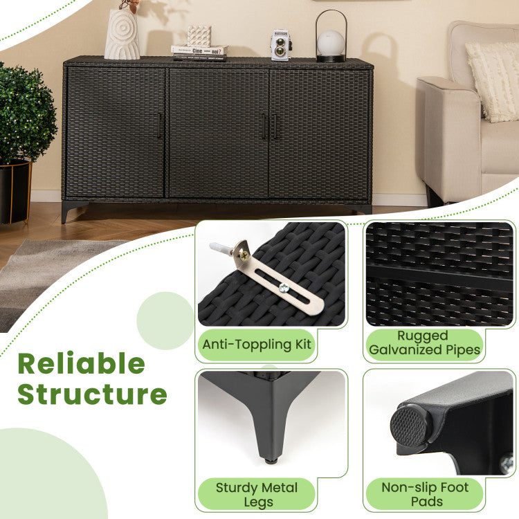 84 Gallon Patio Wicker Deck Box 3-Door PE Rattan Storage Cabinet Container with Removable Shelves and Protective Foot Pads