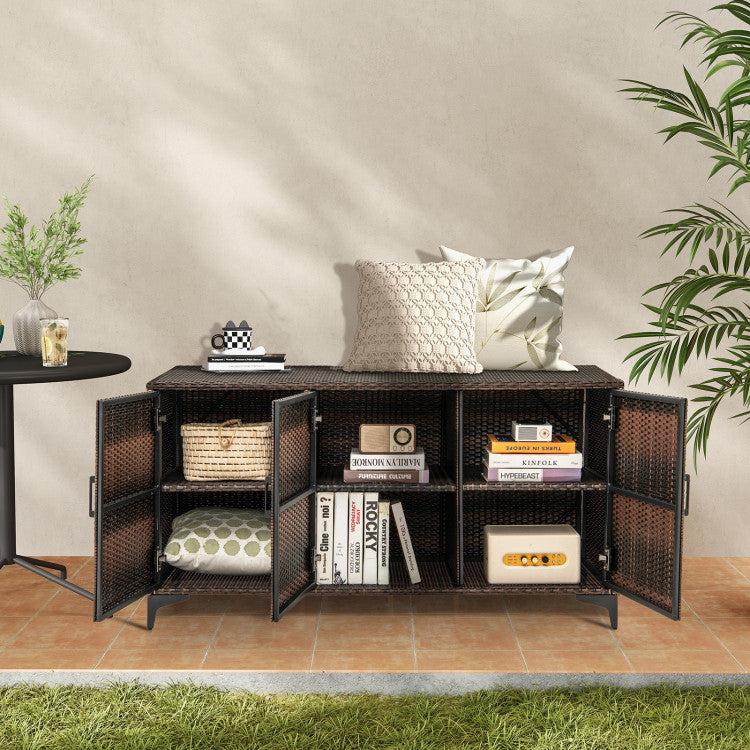 84 Gallon Patio Wicker Deck Box 3-Door PE Rattan Storage Cabinet Container with Removable Shelves and Protective Foot Pads