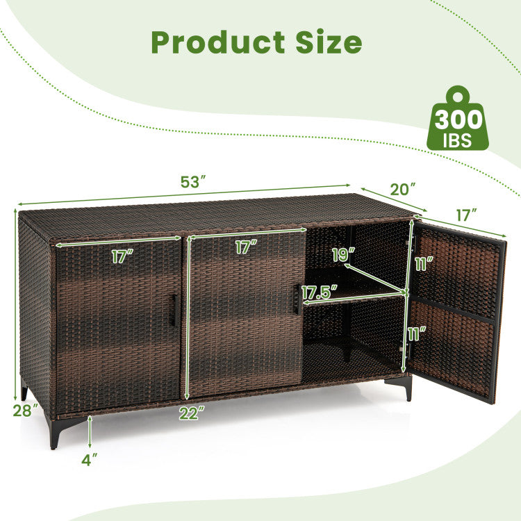 84 Gallon Patio Wicker Deck Box 3-Door PE Rattan Storage Cabinet Container with Removable Shelves and Protective Foot Pads
