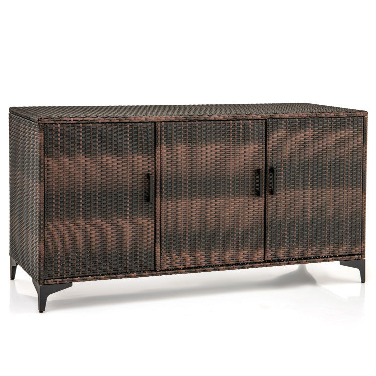 84 Gallon Patio Wicker Deck Box 3-Door PE Rattan Storage Cabinet Container with Removable Shelves and Protective Foot Pads