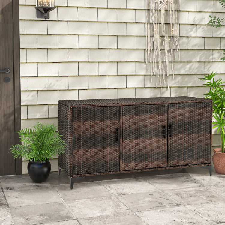84 Gallon Patio Wicker Deck Box 3-Door PE Rattan Storage Cabinet Container with Removable Shelves and Protective Foot Pads