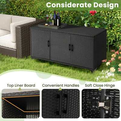 84 Gallon Patio Wicker Deck Box 3-Door PE Rattan Storage Cabinet Container with Removable Shelves and Protective Foot Pads