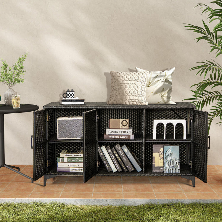 84 Gallon Patio Wicker Deck Box 3-Door PE Rattan Storage Cabinet Container with Removable Shelves and Protective Foot Pads