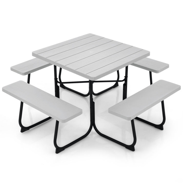 8 Person Outdoor HDPE Square Picnic Table Patio Table and Bench Set with 4 Built-in Benches and Umbrella Hole