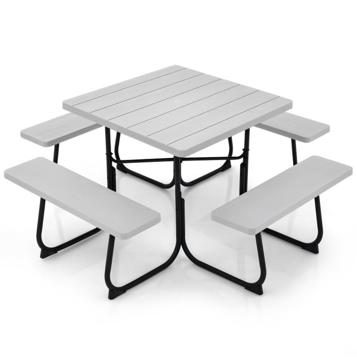 8 Person Outdoor HDPE Square Picnic Table Patio Table and Bench Set with 4 Built-in Benches and Umbrella Hole