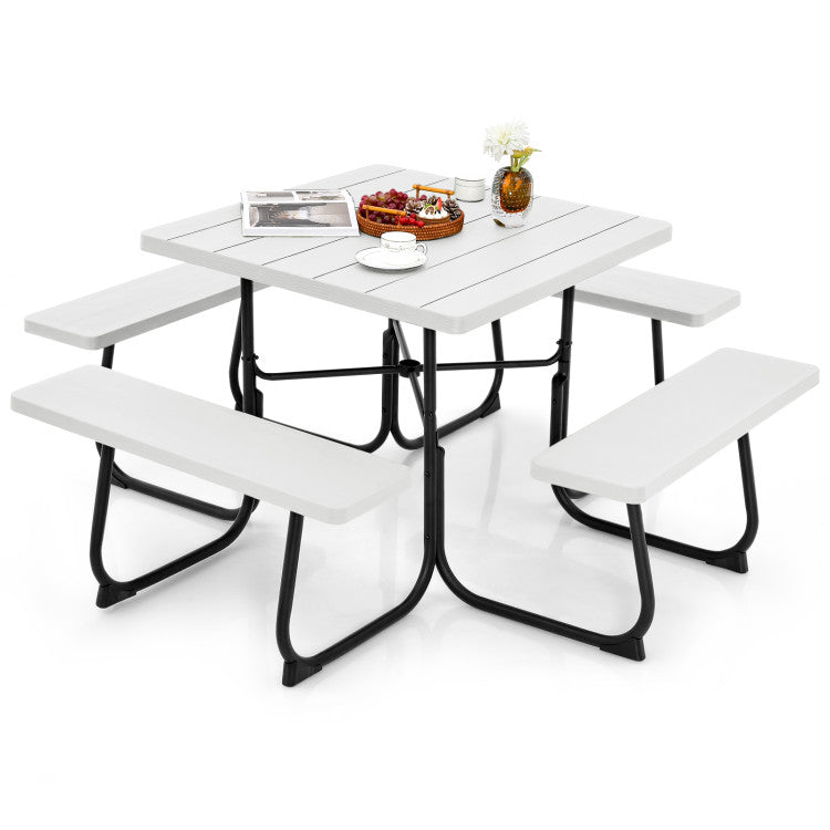 8 Person Outdoor HDPE Square Picnic Table Patio Table and Bench Set with 4 Built-in Benches and Umbrella Hole