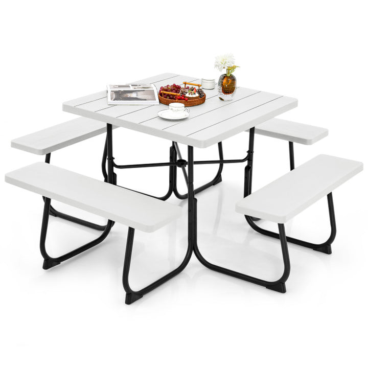 8 Person Outdoor HDPE Square Picnic Table Patio Table and Bench Set with 4 Built-in Benches and Umbrella Hole