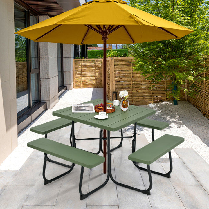 8 Person Outdoor HDPE Square Picnic Table Patio Table and Bench Set with 4 Built-in Benches and Umbrella Hole