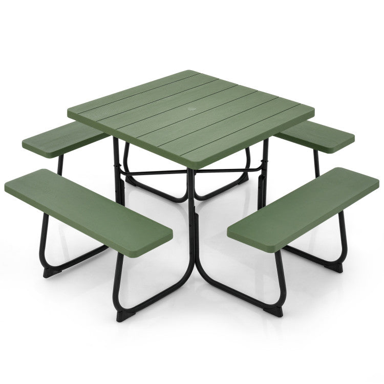 8 Person Outdoor HDPE Square Picnic Table Patio Table and Bench Set with 4 Built-in Benches and Umbrella Hole
