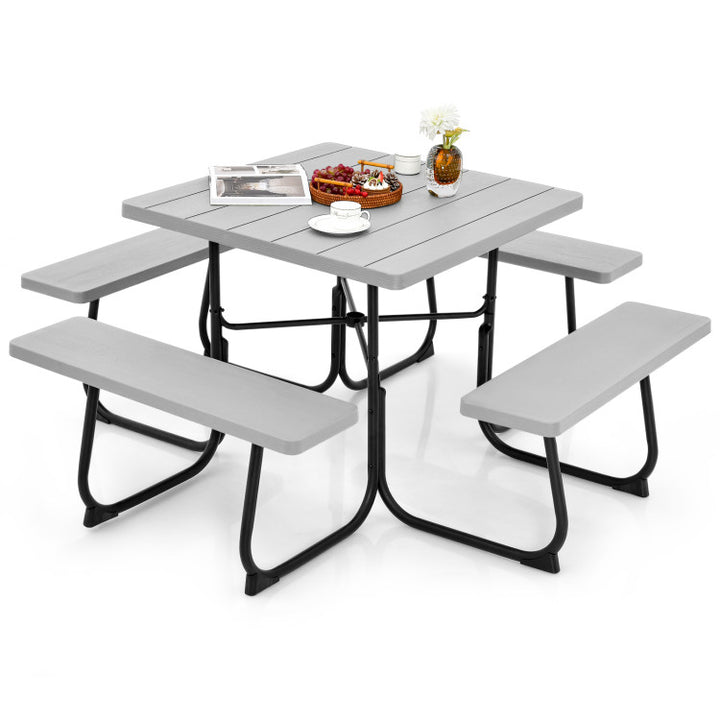 8 Person Outdoor HDPE Square Picnic Table Patio Table and Bench Set with 4 Built-in Benches and Umbrella Hole