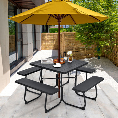 8 Person Outdoor HDPE Square Picnic Table Patio Table and Bench Set with 4 Built-in Benches and Umbrella Hole